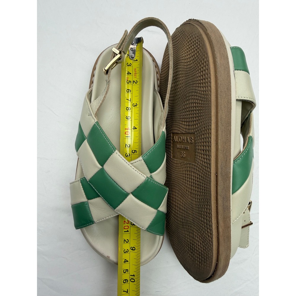 Alohas Green Cream Checkered Weave Platform Slingback Sandals Gold Buckle - Picture 13 of 14